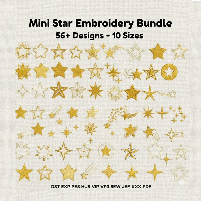 Ensemble de motifs de broderie Mini Étoiles, fichiers de broderie machine Petites Étoiles Scintillantes, Pack de Motifs Étoiles Brillantes, Petites Étoiles, Pleines, Contour