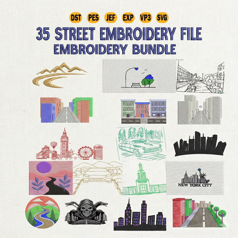 Ensemble de 35 fichiers de broderie machine représentant des rues de Londres (logo vintage années 70).