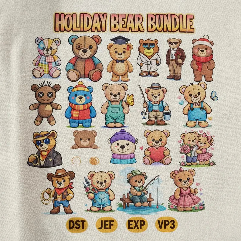 Méga lot de 59 broderies d'ours de Noël stylés, lot de fichiers de broderie d'ours rétro, motifs de saisons, ours de Noël